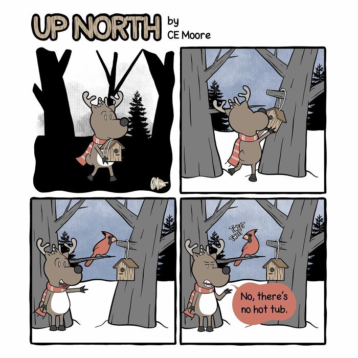 Comic strip by Bruce showing a moose hanging a birdhouse in a snowy small town with clever humor.