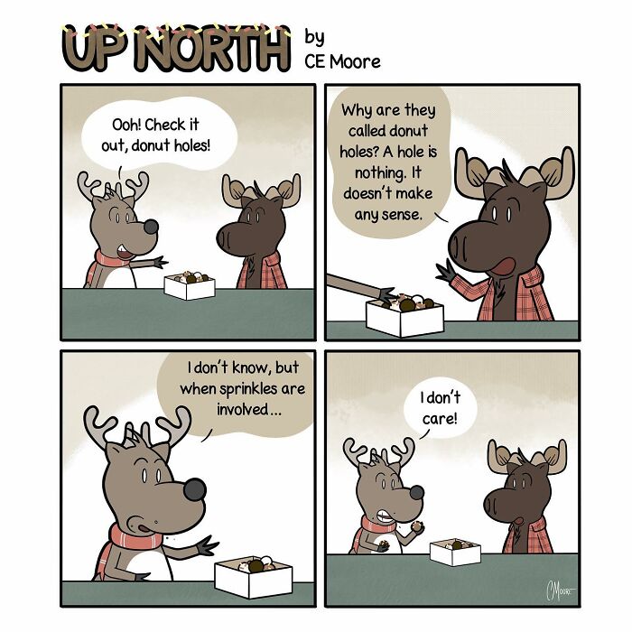Comic strip by Bruce featuring two moose discussing donut holes, capturing life in a snowy small town with clever humor.