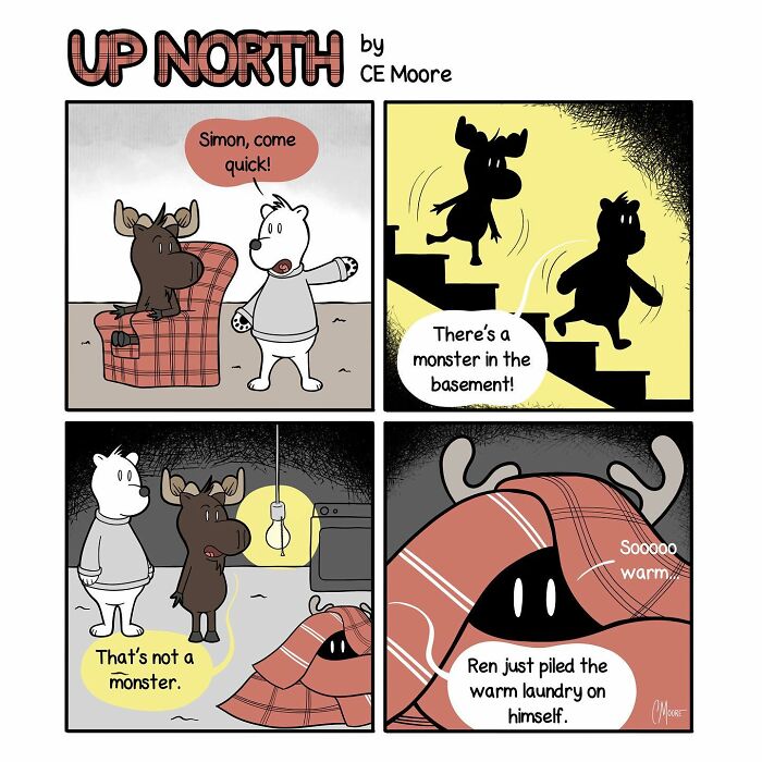 Comic by Bruce shows a snowy small town life moment with characters discovering a "monster" made from warm laundry.