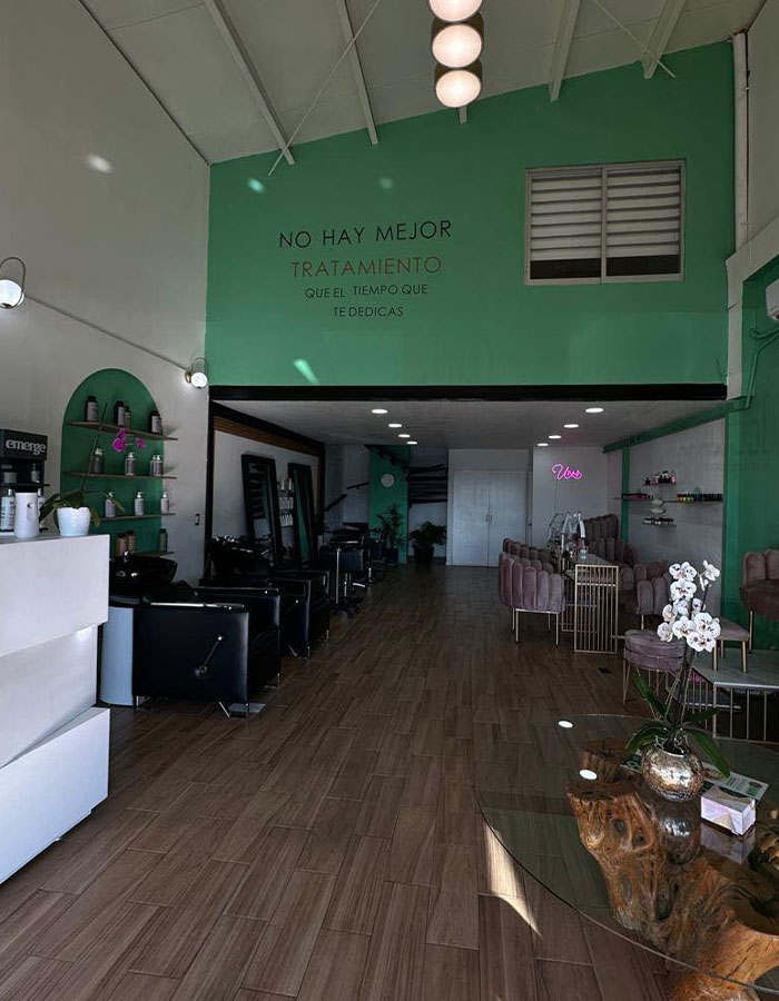 Beauty salon interior with seating and decor, related to case of beauty influencer shot while live streaming update.
