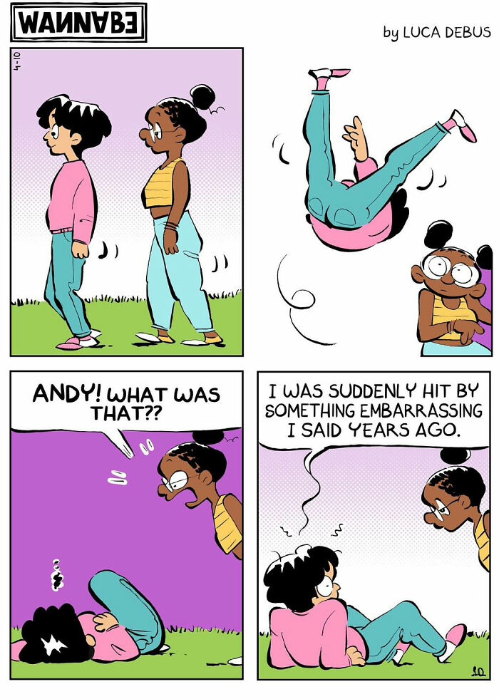 Young adulthood comic by Luca Debus shows a character overwhelmed by an embarrassing memory from years ago.