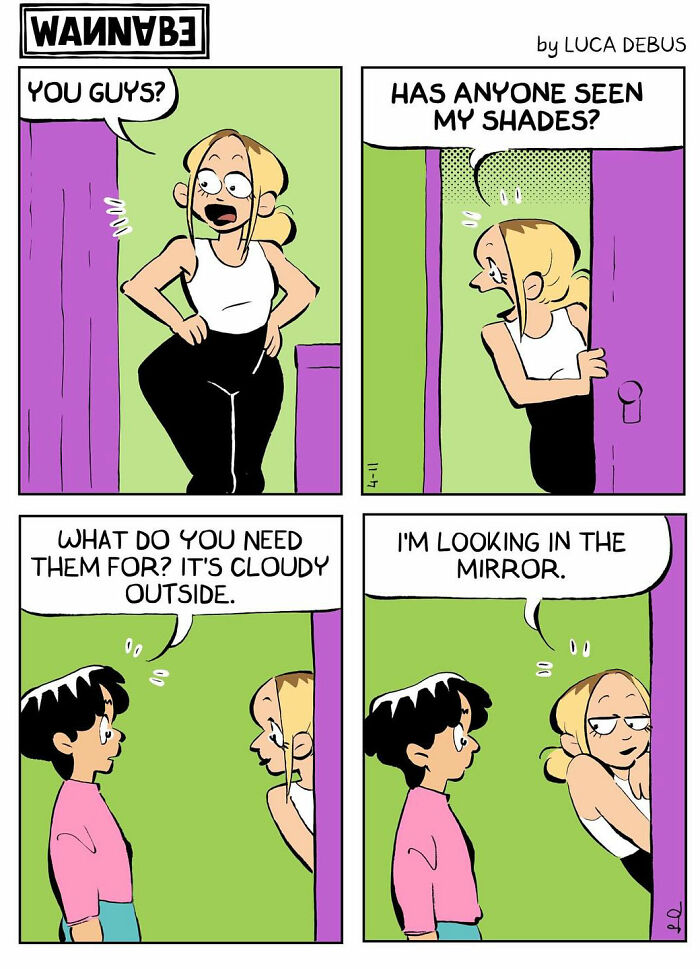 Comic strip illustrating young adulthood with a humorous scene about looking for sunglasses indoors.