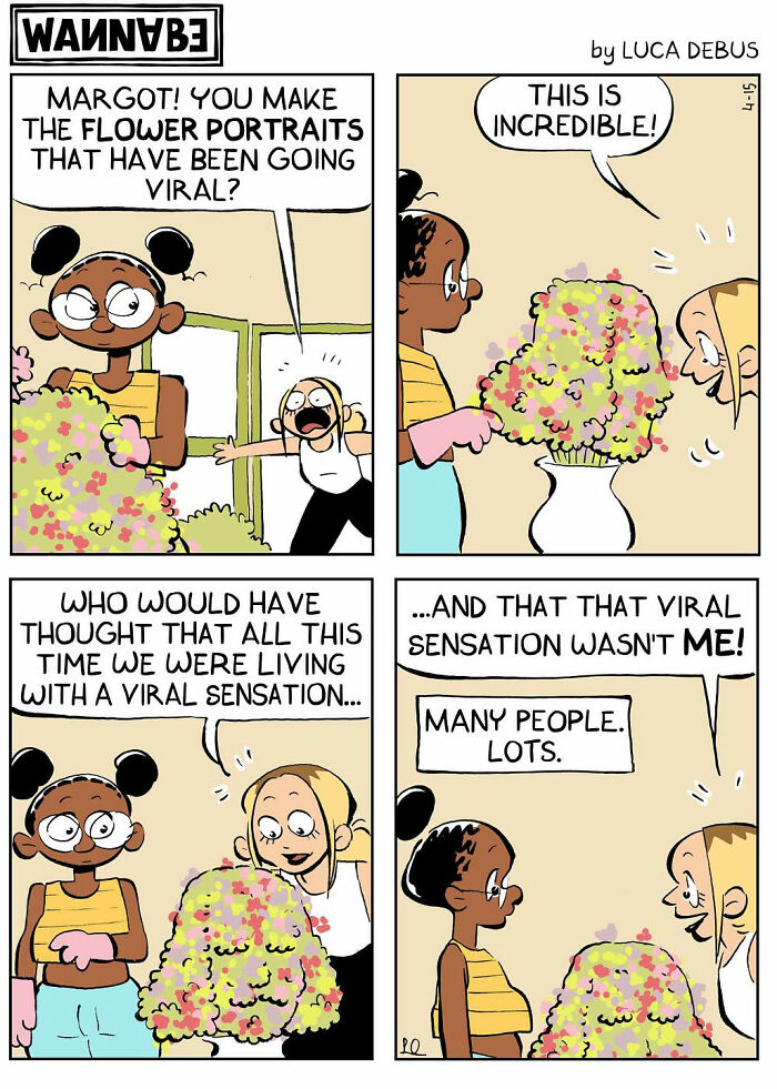 Comic by Luca Debus illustrating young adulthood with a viral flower portrait and relatable humor in four panels.