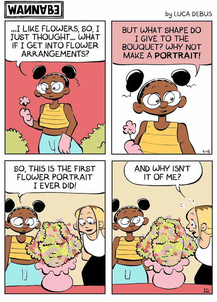 Young adulthood comic by Luca Debus shows a woman humorously creating a flower portrait amid relatable life thoughts.