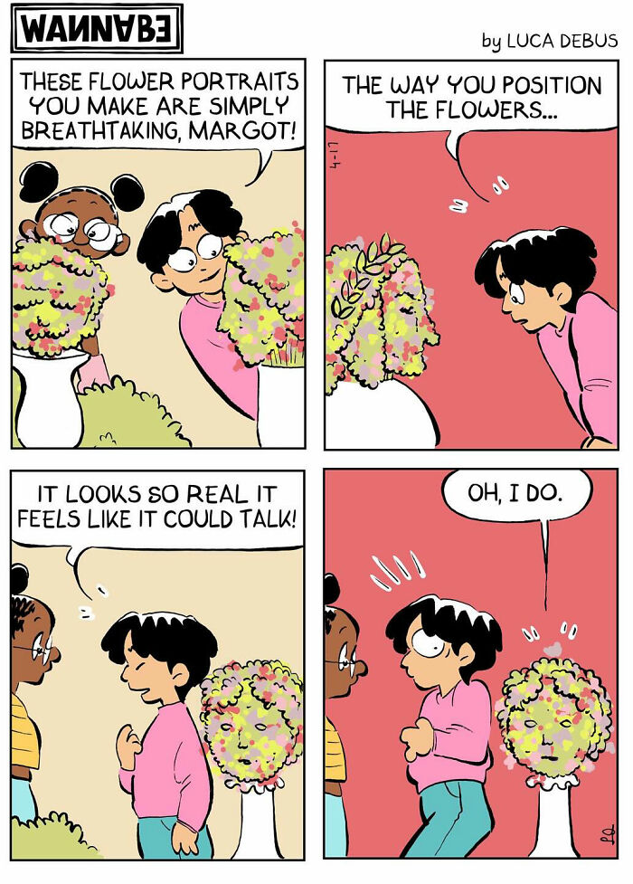 Comic illustrating young adulthood by Luca Debus, featuring humorous dialogue about lifelike flower portraits.