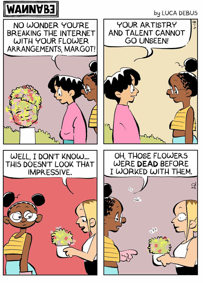 Comic strip illustrating young adulthood with humor, featuring characters discussing flower arrangements and creativity.