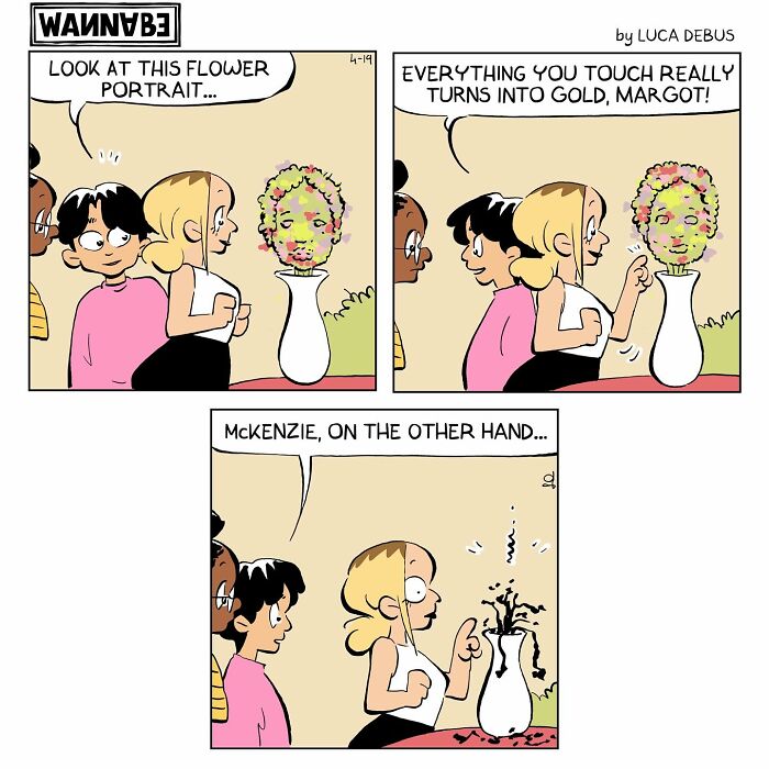 Comic panels illustrating young adulthood by Luca Debus, showing humorous and relatable moments with flower portraits.