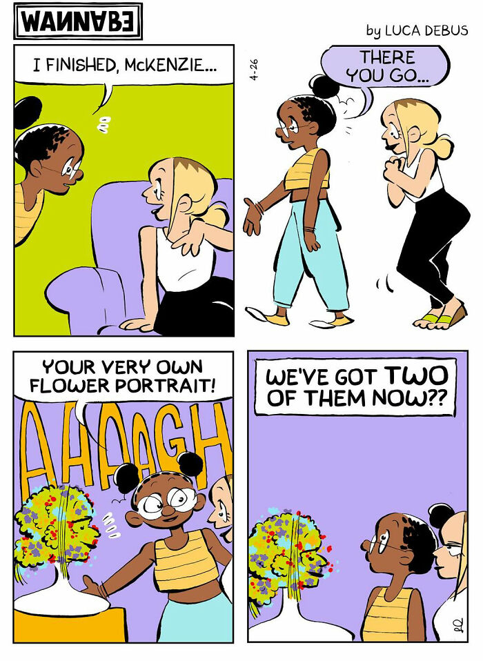 Young adulthood humor depicted in a colorful comic strip showing friends sharing a quirky flower portrait.