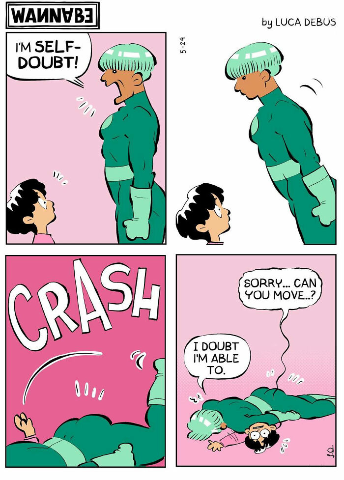 Comic illustrating self-doubt in young adulthood with a character falling after a confrontation, by Luca Debus.