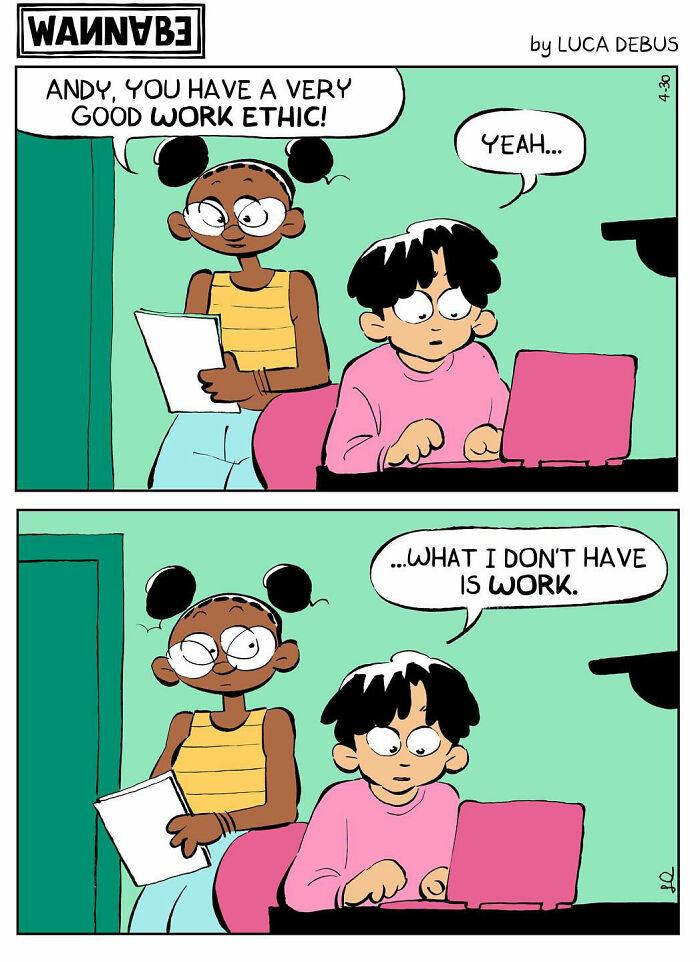 Young adulthood comic by Luca Debus showing a humorous work ethic conversation between two young adults with a laptop.