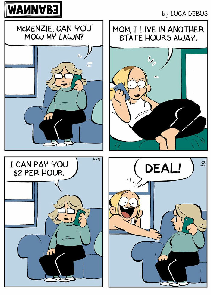 Comic strip illustrating young adulthood with a phone conversation about mowing the lawn and negotiating payment.