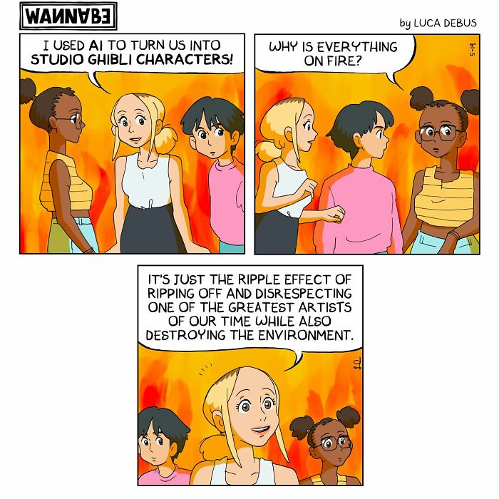 Three characters in a colorful comic by Luca Debus illustrating young adulthood with humor and relatable dialogue.