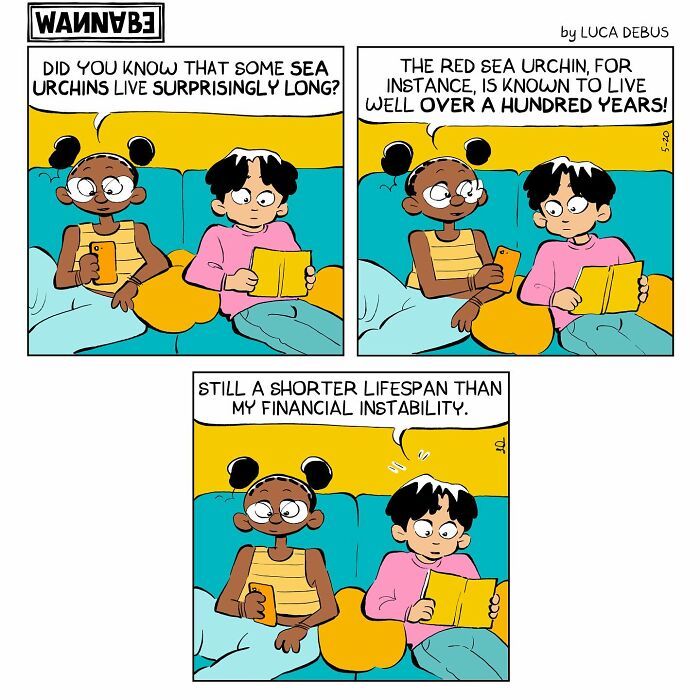 Young adulthood comic by Luca Debus shows two characters humorously discussing sea urchins and financial instability.