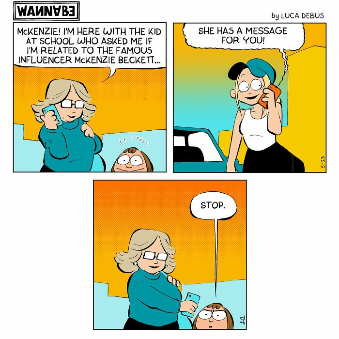 Comic by Luca Debus illustrating young adulthood with relatable humor about family and social media misunderstandings.