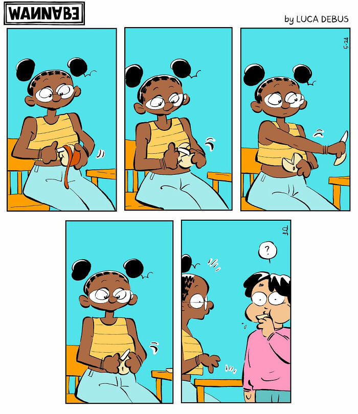 Young adulthood comic strip by Luca Debus showing a character hilariously peeling a banana with confusion nearby.
