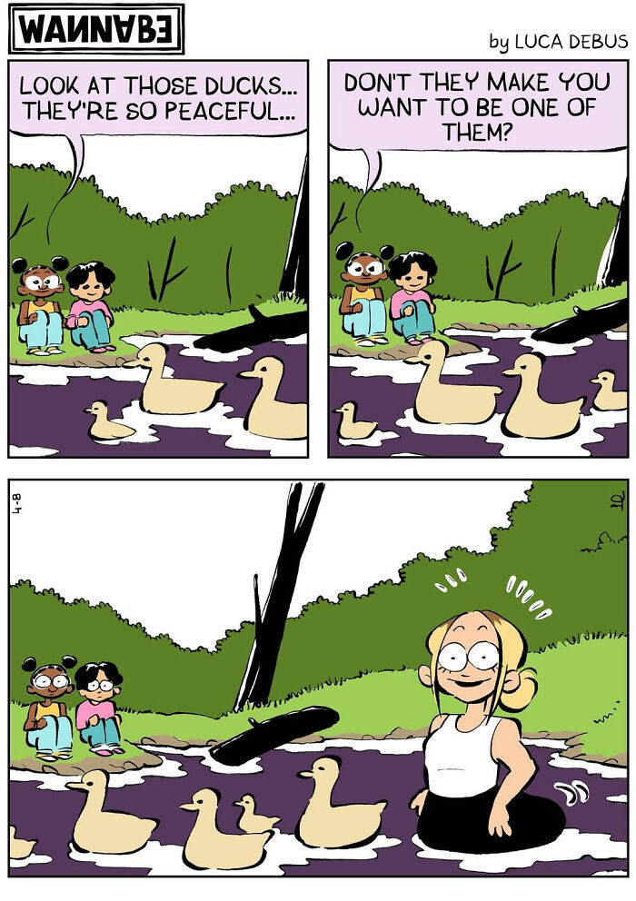 Young adulthood comic by Luca Debus showing characters admiring peaceful ducks and one joining them in the water.