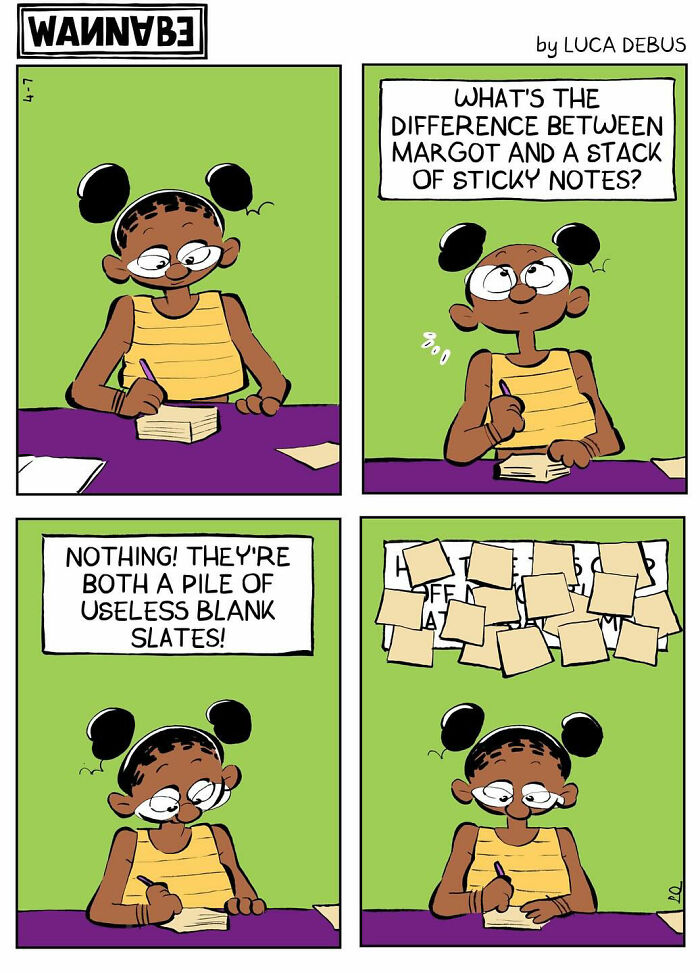 Illustrated young adulthood comic showing a young woman humorously comparing a person to sticky notes.