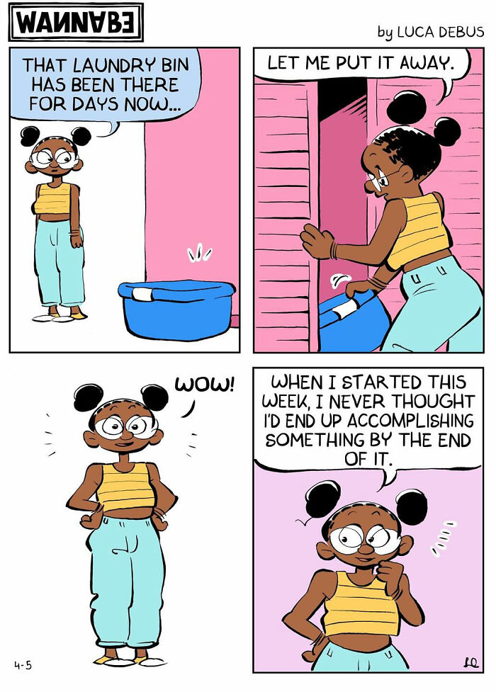 Young adulthood illustrated in a comic showing a character accomplishing a small household task with satisfaction.