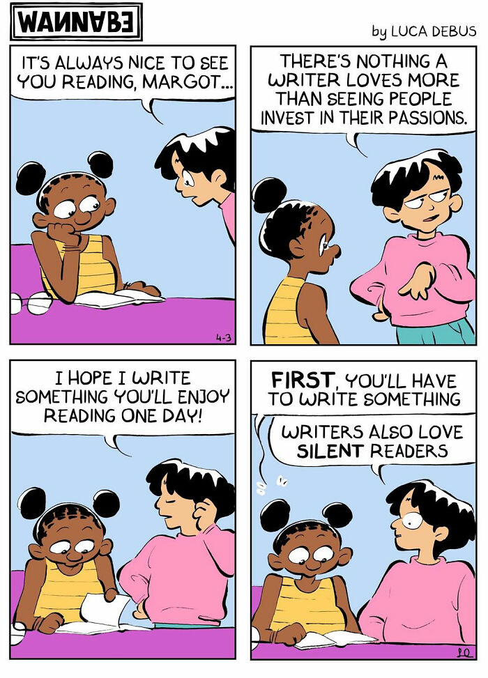 Comic illustrating young adulthood with two characters discussing reading, writing, and passions in a relatable conversation.