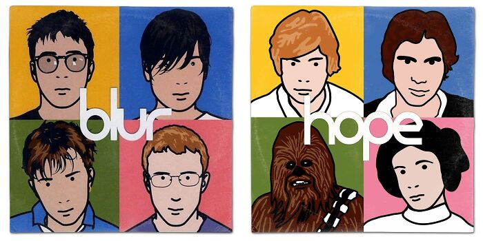 Reimagined album covers featuring Star Wars characters with colorful backgrounds and stylized portraits in a pop art style.