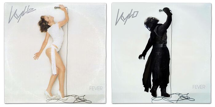 Side-by-side artist reimagined album covers featuring Star Wars characters with similar poses and microphone setups.