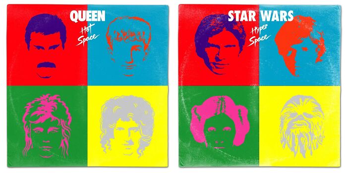 Artist reimagines classic album covers with Star Wars characters in colorful pop art style, blending music and galaxy themes.