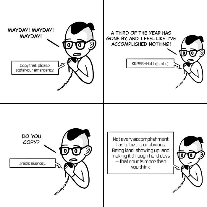 Person with glasses using a radio, reflecting on tiny thoughts and big existential vibes about accomplishment and kindness.