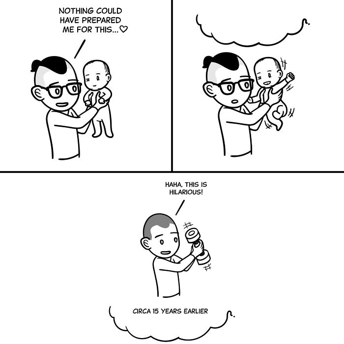 Man holding a baby with tiny thoughts and big existential vibes, reflecting on parenthood and past humor moments.