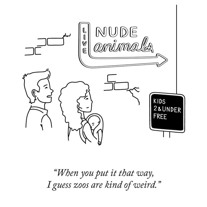 A family with a baby standing near a live n**e animals sign, reflecting tiny thoughts and big existential vibes.