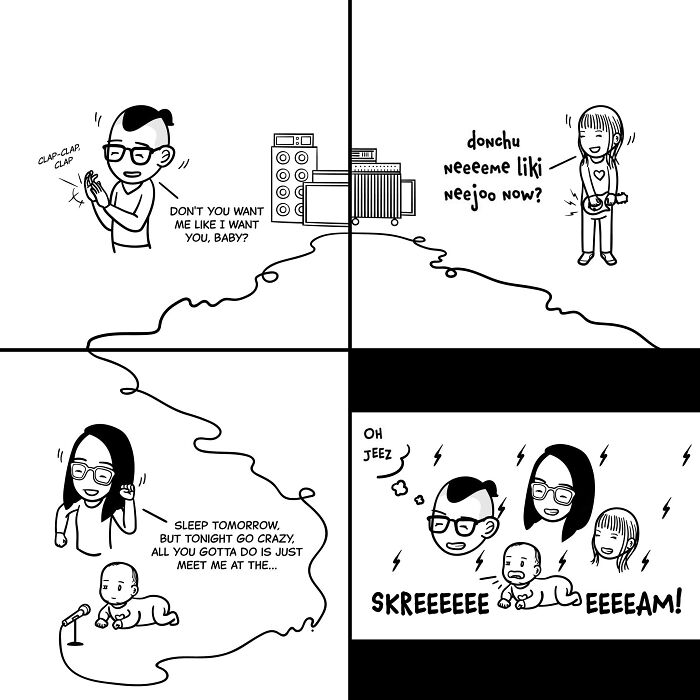 Black and white comic showing characters with tangled thoughts expressing tiny thoughts and big existential vibes.