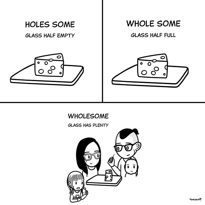 Cheese illustrations showing holes and wholesome glass metaphors with a family, reflecting tiny thoughts and big existential vibes.