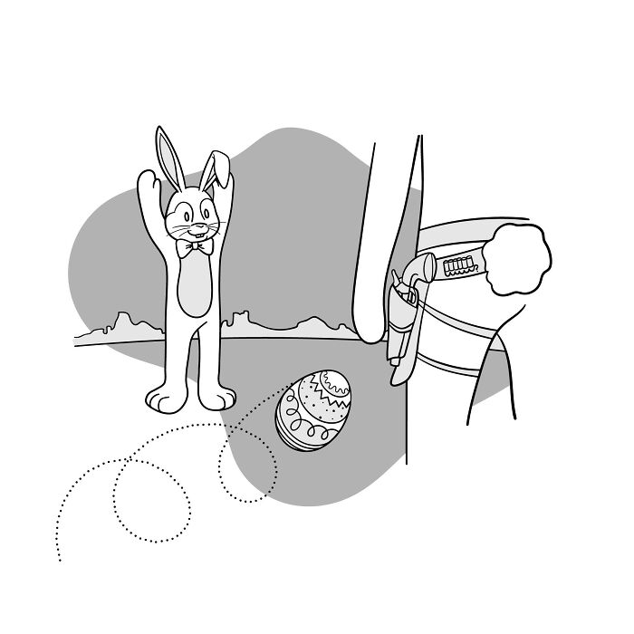 Cartoon bunny standing with arms raised while a person uses a launcher to propel a decorated Easter egg, tiny thoughts big existential vibes.