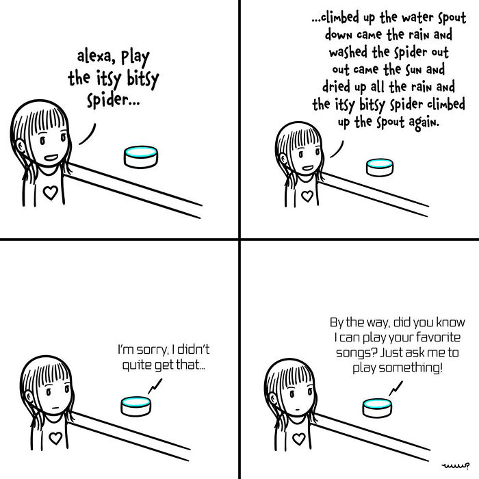 A cartoon girl interacts with a voice assistant, highlighting tiny thoughts and big existential vibes humor.