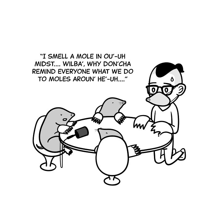Cartoon of moles and a person with glasses around a table, reflecting tiny thoughts and big existential vibes.