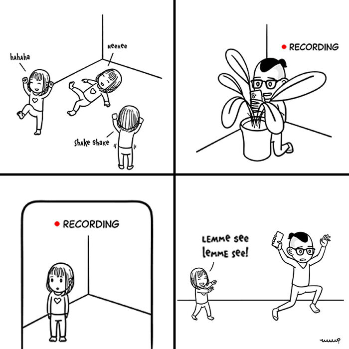 Cartoon panels showing characters with big existential vibes, capturing tiny thoughts in simple, playful scenes.