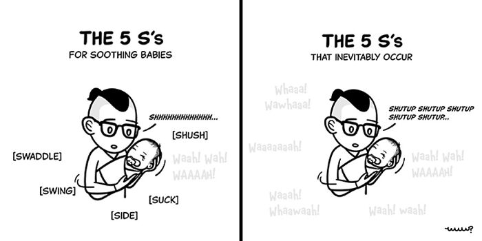Cartoon showing a parent using the 5 S's to soothe a baby, capturing tiny thoughts and big existential vibes.