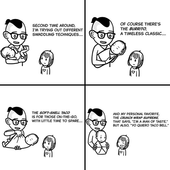 Comic strip showing a parent swaddling a baby in various styles, reflecting tiny thoughts and big existential vibes.