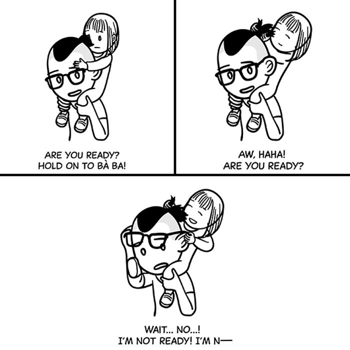 Black and white comic of a child on adult’s shoulders sharing tiny thoughts and big existential vibes.