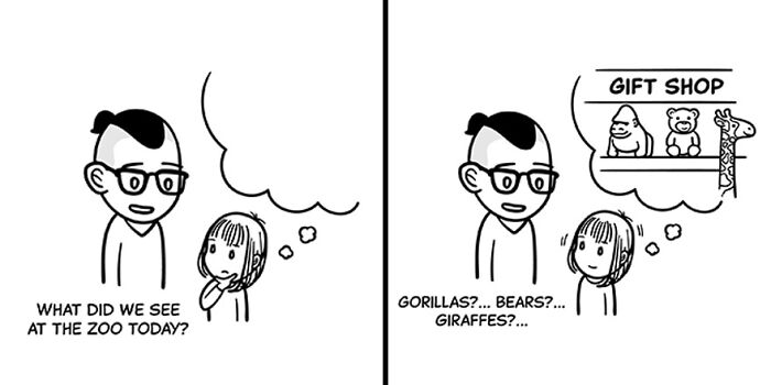 Child and adult discussing zoo animals with thought bubbles showing gorillas, bears, and giraffes, capturing tiny thoughts and big existential vibes.