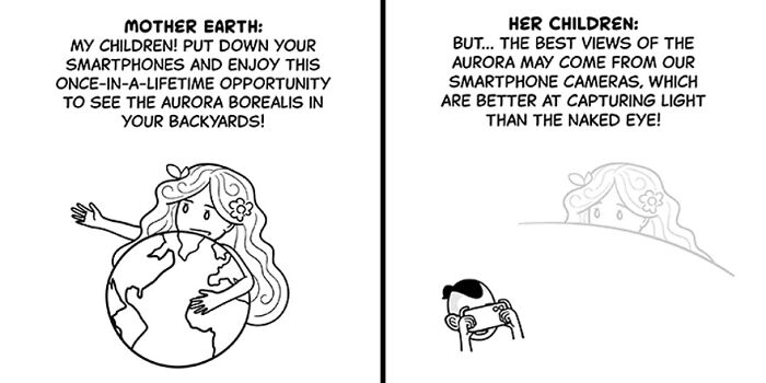 Cartoon showing Mother Earth urging kids to enjoy the aurora without smartphones reflecting tiny thoughts big existential vibes.