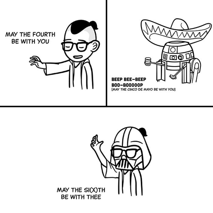 Cartoon comic with tiny thoughts and big existential vibes featuring Star Wars and Cinco de Mayo wordplay.