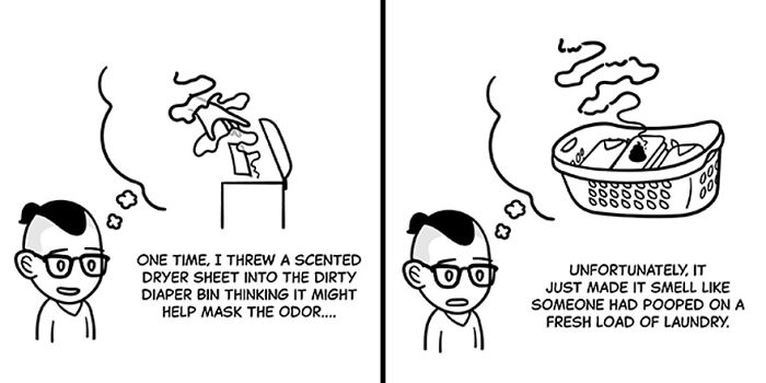 Person with glasses thinking about scented dryer sheet and laundry basket, reflecting on tiny thoughts and big existential vibes.