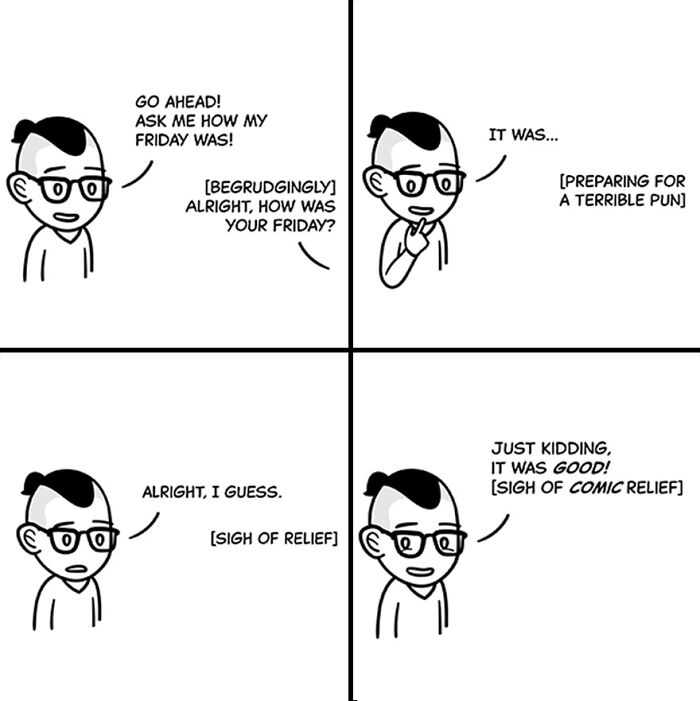 Cartoon character expressing tiny thoughts with big existential vibes, sharing a pun and comic relief about Friday.