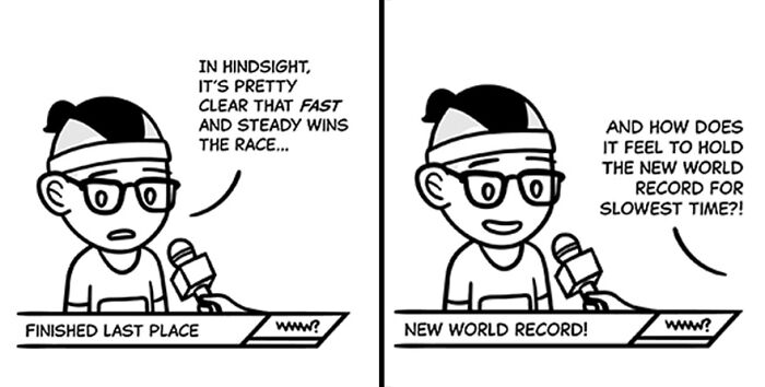 Comic strip showing a character expressing existential vibes about winning a new world record for slowest time.