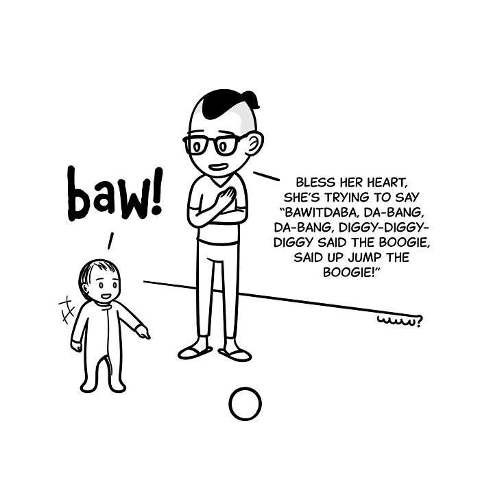 Cartoon of a thoughtful person explaining baby sounds with tiny thoughts and big existential vibes in a simple black and white style.