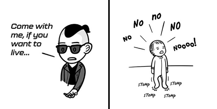 Cartoon character with sunglasses invites, while another child stomps feet loudly expressing refusal, capturing tiny thoughts and big vibes.