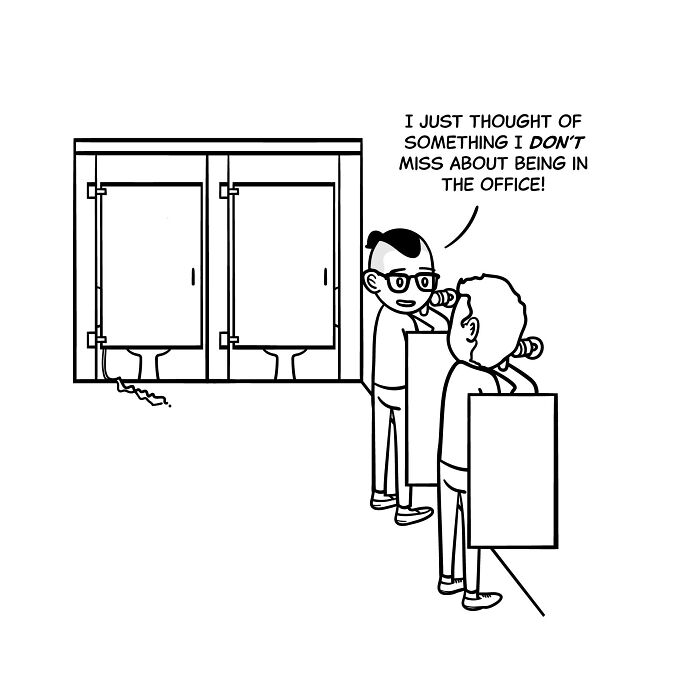 Two office workers at urinals with one sharing a thought about not missing the office, capturing tiny thoughts and existential vibes.