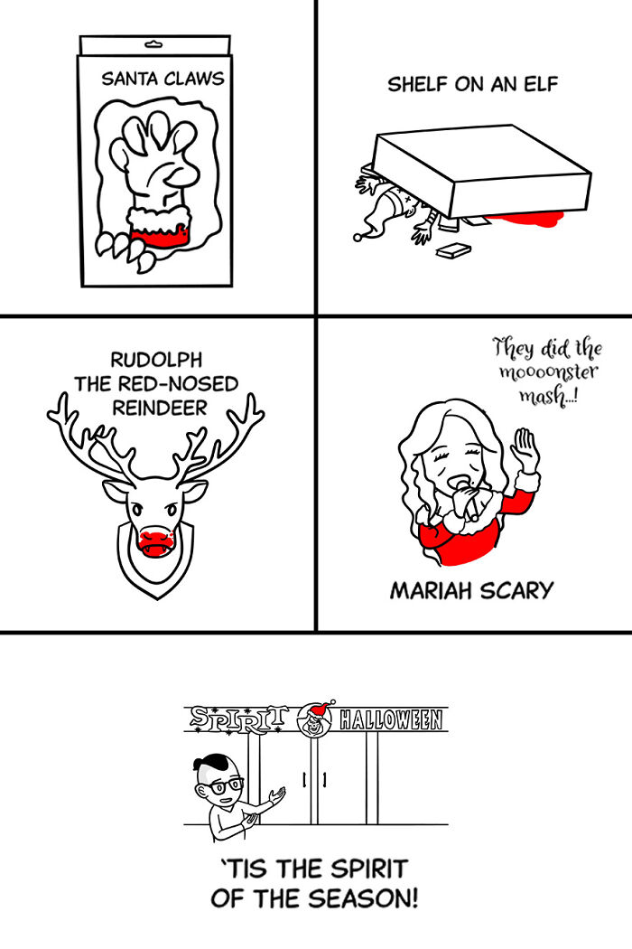 Comic illustrations showing tiny thoughts and big existential vibes with holiday-themed humor and clever puns.