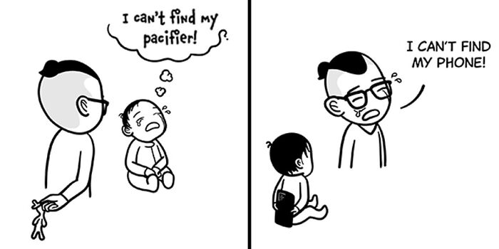 Two panels showing grown man and child both struggling to find lost items, capturing tiny thoughts and big existential vibes.