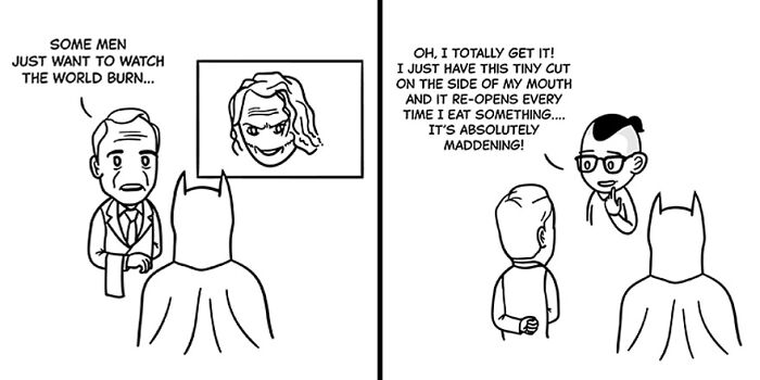 Black and white comic strip showing characters reflecting on tiny thoughts and big existential vibes.